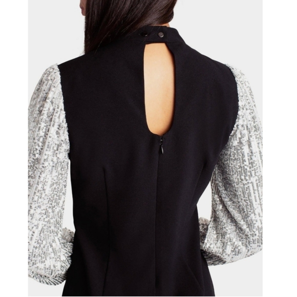 🆕️⬇️Nicole Miller Black Stretch Crepe Camille Dress With Sequin Puff Sleeves - Picture 14 of 15